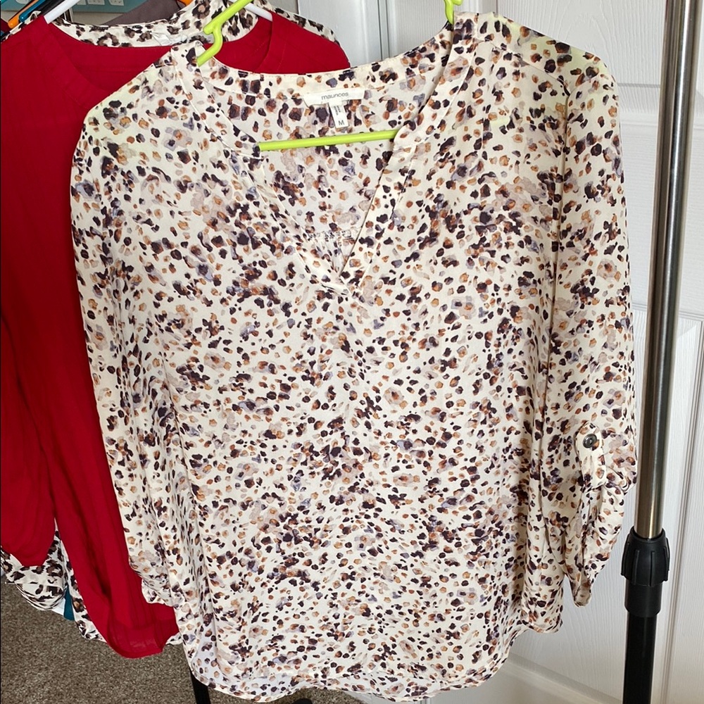 Cream and Brown Ruffled Blouse with 3/4 Sleeves